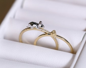 925er Sterling Silber Haustier Ratte Ring Set, 14K Gold Maus Diamant Ring, Minimalistische niedliche Tier Käse Ring Set, Geburtstagsgeschenk für Baby