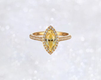 Anello Halo in pietra a forma di marchesa gialla da 3,40 ct, splendida fascia in oro 14K, anello di fidanzamento vivido e fantasia, accessori da sposa unici