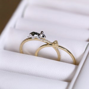 925S Sterling Silver Pet Rat Ring Set, 14K Gold Mouse Diamond Ring, Minimalist Cute Animal Cheese Ring Set, Birthday Gift for Baby