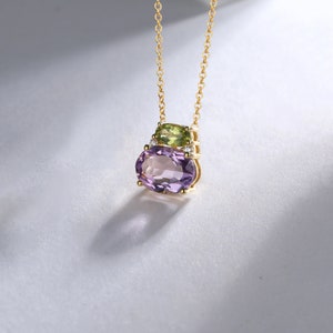 Peridot Amethyst Two Stone Necklace, 14K Gold Diamond Custom Birthstone Necklace, Bridesmaid Gift, 18K Gold Vermeil Green Purple Gemstone