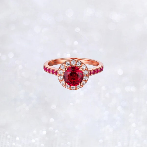 Round Lab Grown Ruby Halo Engagement Ring, Gorgeous July Birthstone Red Gem Diamond Ring, Elegant  Precious Ring, Mother's Day Present
