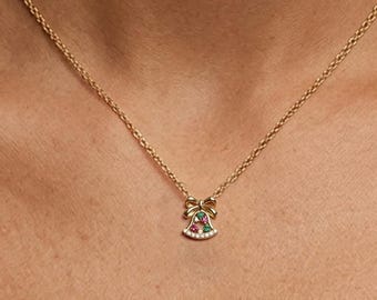 14K Gold Diamond Christmas Bell Necklace, Holiday Charm, Ruby Emerald Winter Jewelry, Vacation Outfits