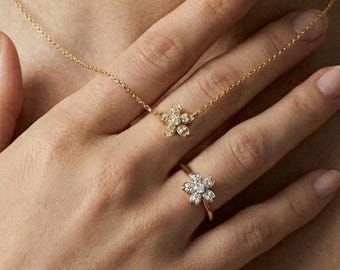 14K Gold Diamond Cherry Blossom Ring, Sterling Silver Sakura Ring, Flower Jewelry Gift For Her, Women's Everyday Accessories
