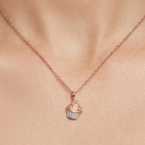 14K Rose Gold Diamond Cupcake Necklace, Food Jewelry, Everyday Gifts For Her, Women Accessories