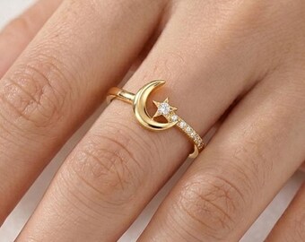 Crescent Moon Star Ring, 14K Gold Women Jewelry, Everyday Accessories, Gift For Her