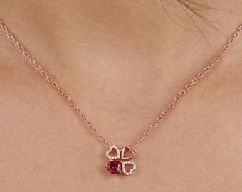 Heart Clover Tourmaline Pendant, 14K Rose Gold Necklace, Two-Way Women's Jewelry, Custom Gemstone