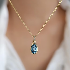 Silver Topaz Vintage Necklace, Oval Blue Gemstone Hexagon Pendant, Yellow Gold Vintage Charm, Anniversary December Jewelry Women Necklace