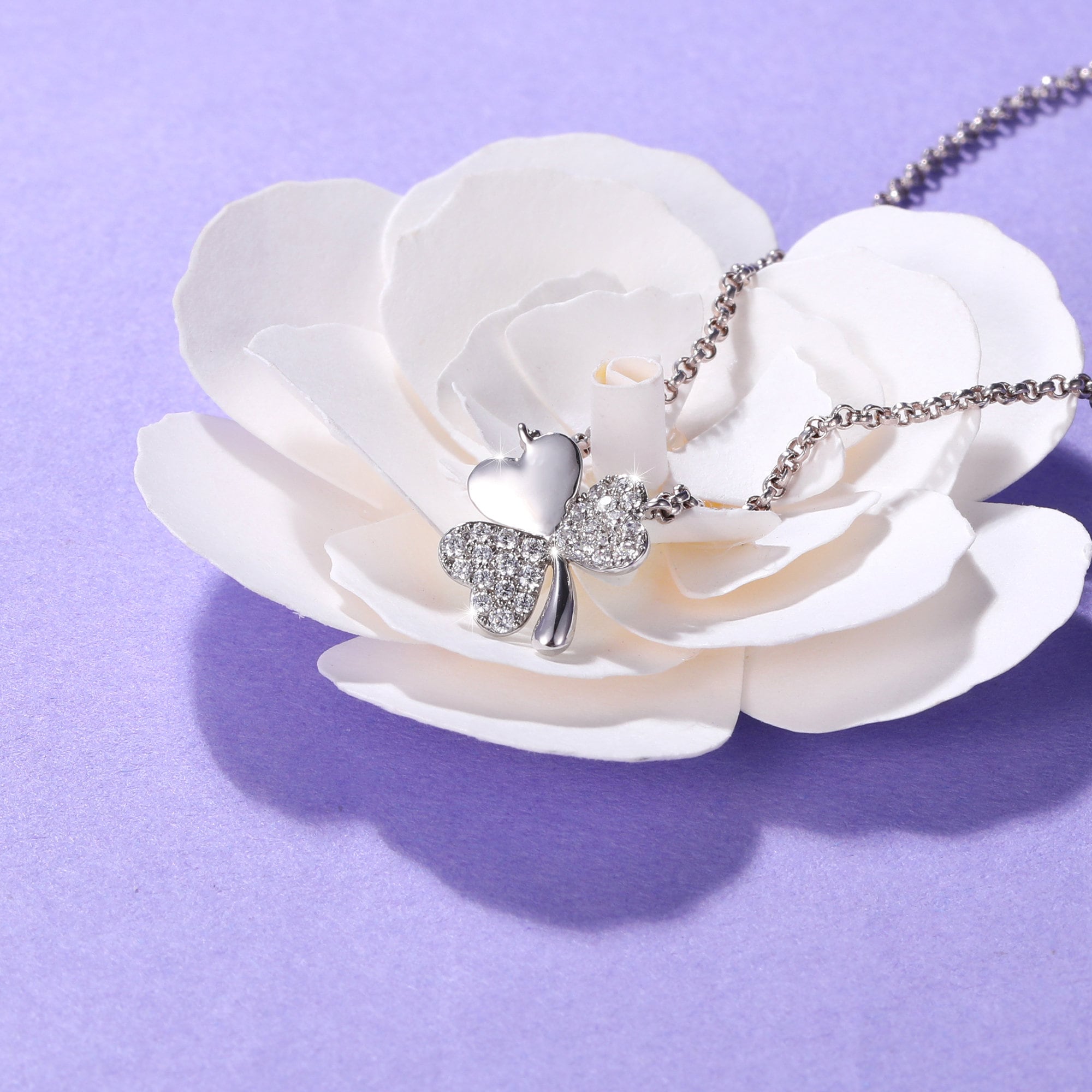 Ciondolo A Cuore Con Trifoglio In Argento Sterling 925 E Zirconia Cubica - Gioiello Stile Europeo - 6