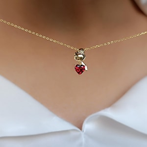 Solid Gold Red Garnet Baby Bird Pendant, Handmade Heart Bird Necklace, Minimalist Dainty Pet Gift, Cute Baby Pigeon Charm Cute Jewelry