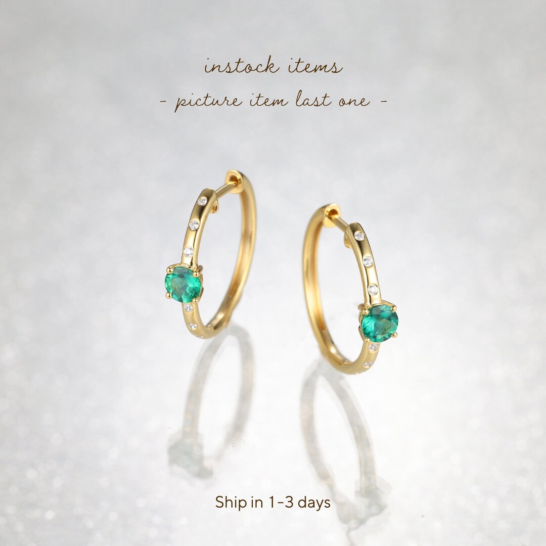 Tiny Round Emerald Huggie Earrings, Green Gemstone Charm Hoop