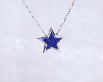 Star Shaped Lapis White Diamond Necklace, Blue North Star Chain Necklace, 14K Yellow Gold Polar Star, 925 Silver CZ Gift, Mothers Day