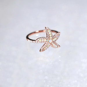 Opal Diamond Starfish Ring, 14K Yellow Gold Ring, 18K Gold Vermeil Opal Ring, Silver Starfish Animal Ring, Summer Ocean Diamond Pinky Ring
