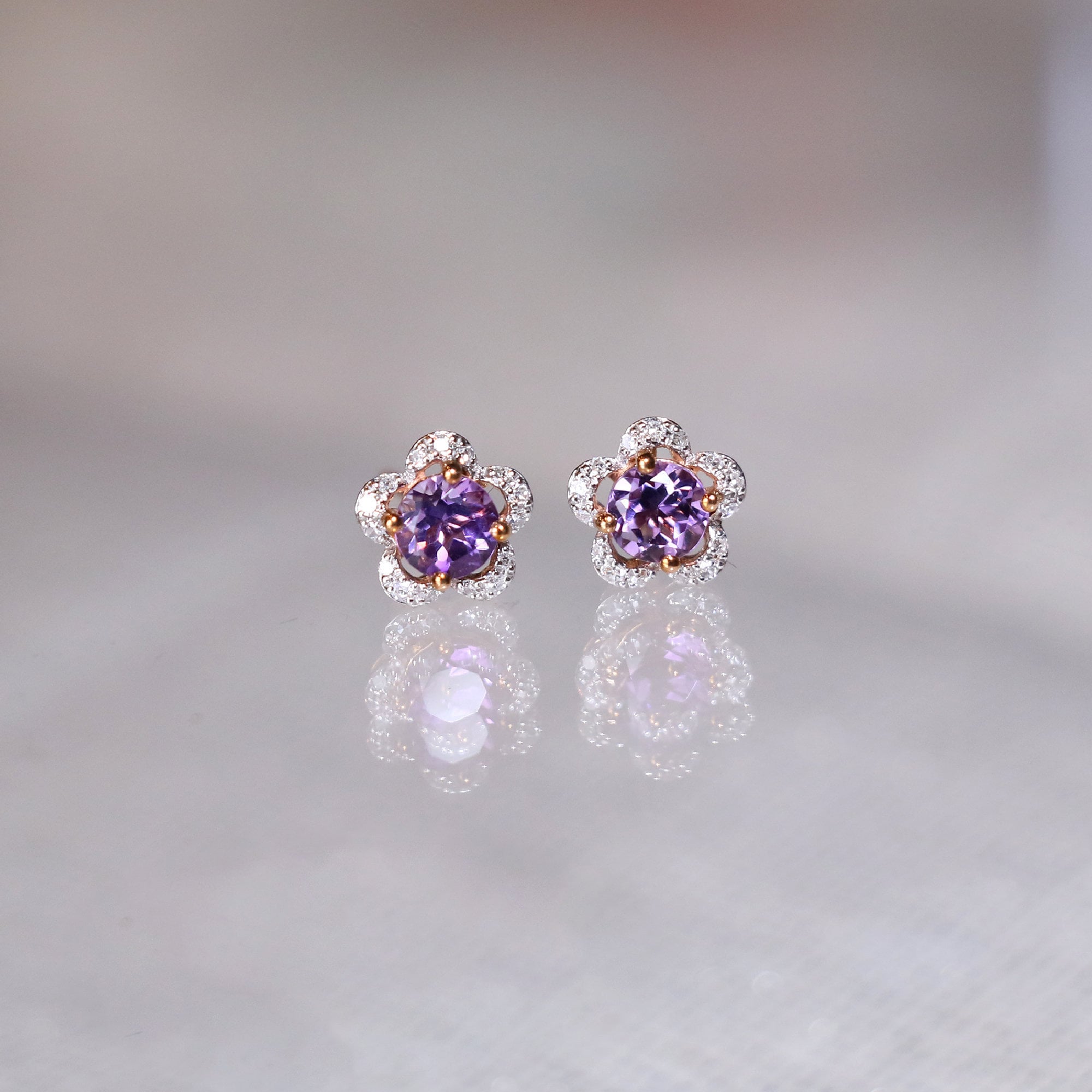 Amethyst Flower Earrings Studs, Halo Diamond Amethyst Earrings, Purple Gemstone Earrings, Custom Gemstone Earrings, Handmade, Mothers Day