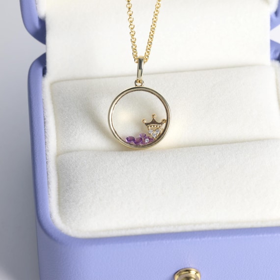 Solid Gold Heart Crown Necklace, Queen Diamond Amethyst Pendant