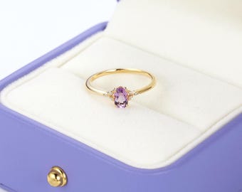Oval Amethyst Engagement Ring, Floral Promise Wedding Band, 14K Gold Diamond Accent