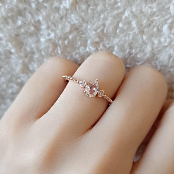 Pear Peach Morganite Promise Ring, Gold Custom Pink Gemstone Ring