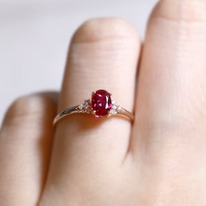Ruby Promise Ring, Stunning Oval Ruby Ring, Rose Gold July Birthstone Ring, 14K Ruby Women Personalized Gift, Diamond 18K Gold Vermeil Band