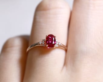Ruby Promise Ring, Stunning Oval Ruby Ring, Rose Gold July Birthstone Ring, 14K Ruby Women Personalized Gift, Diamond 18K Gold Vermeil Band