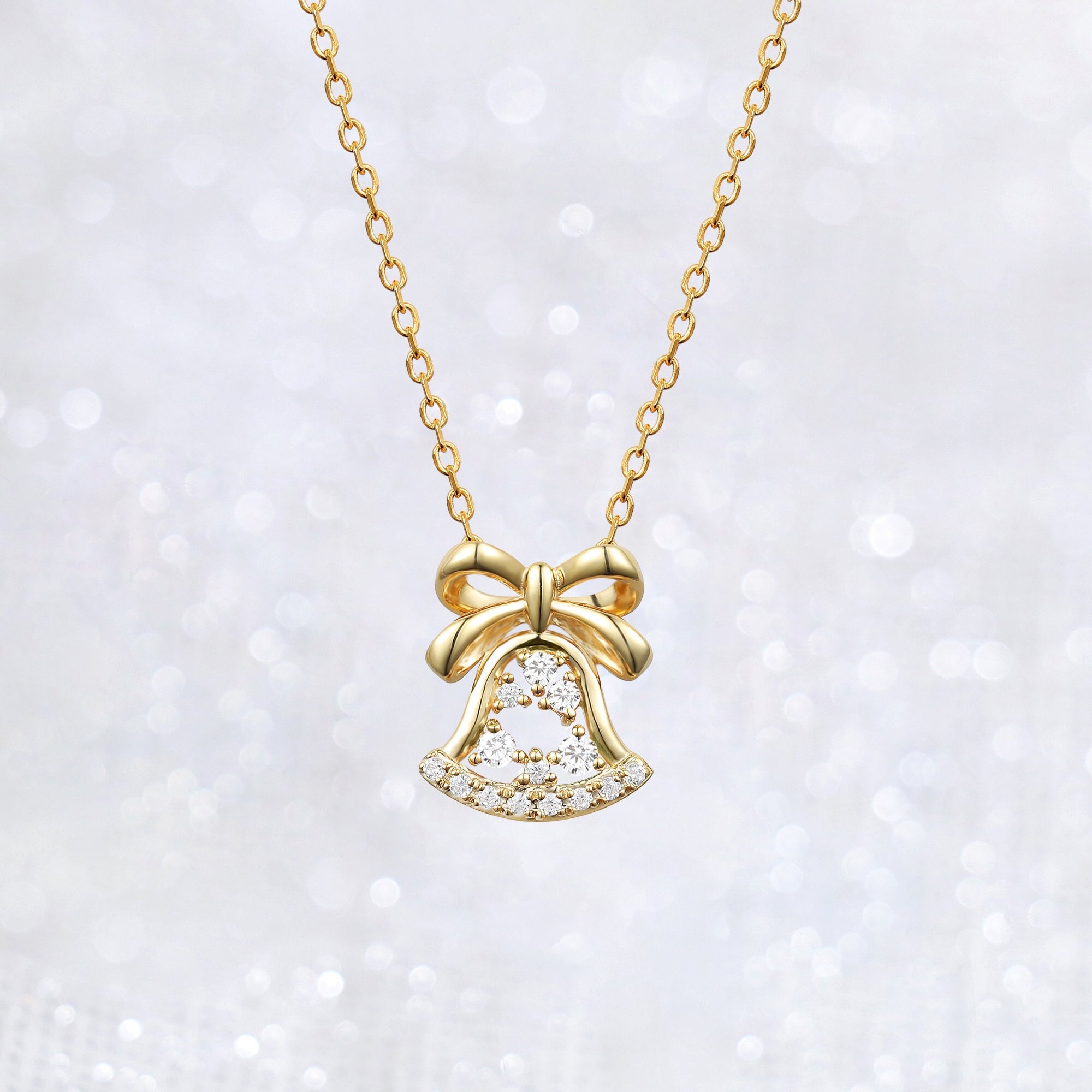 Solid Gold Christmas Bell Necklace, Ribbon Bell Pendant, 14K White Gold Jingle Bell Charm, Delicate Silver Diamond Sleigh Christmas Gift