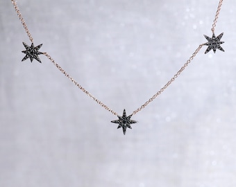 Three Black North Star Necklace, 14K Polar Star Black Diamonds, 925S Sterling Silver Trio Star Charm, Celestial Necklace, Mothers Day Gift