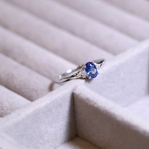 Oval Silver Lab Grown Sapphire Engagement Promise Ring, 18K Gold Vermeil Sapphire Ring, Dainty Art Deco Gemstone Statement Blue Stone Ring
