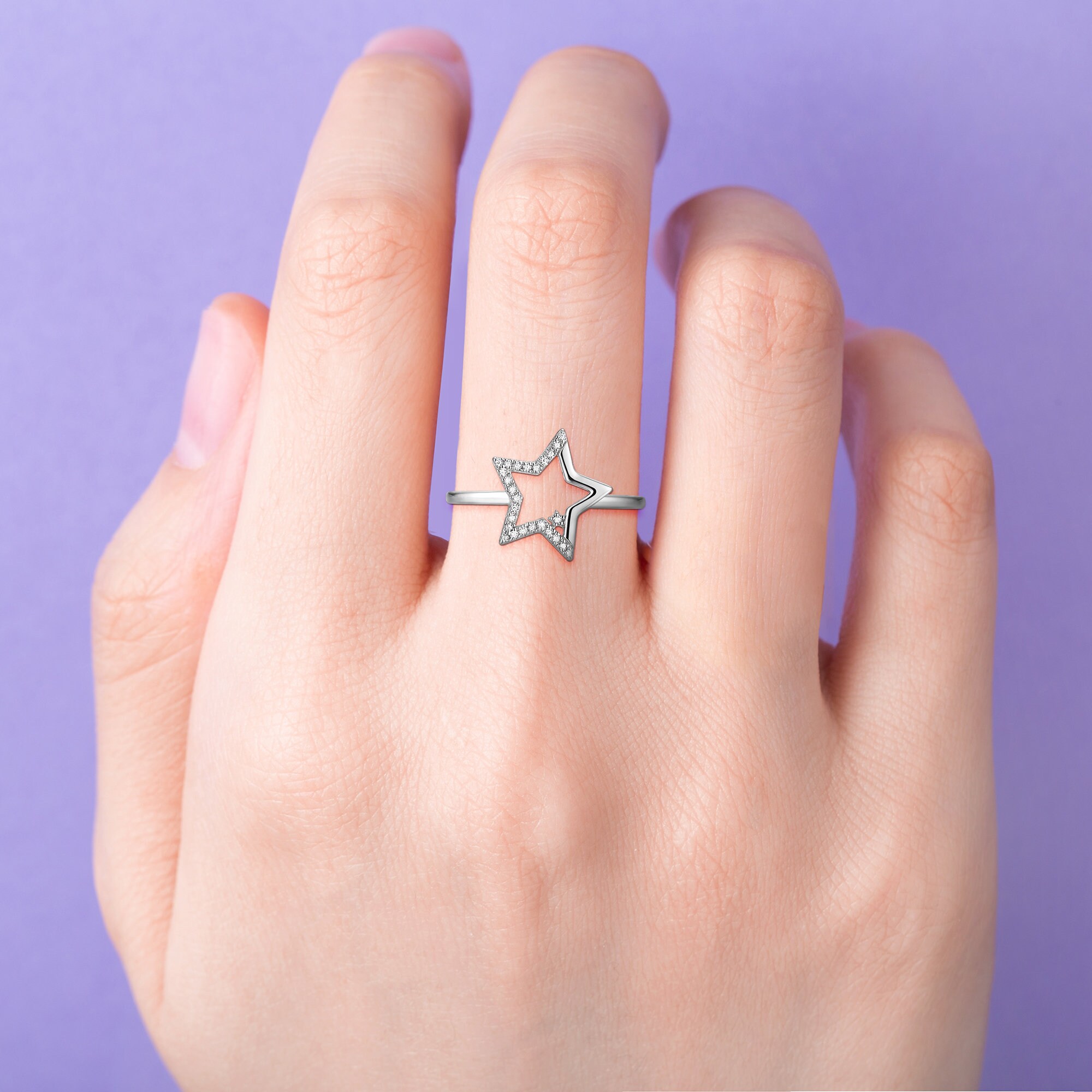 Hollow Star Ring, Diamond Open Star Ring, 925S Sterling Silver Gift for ...