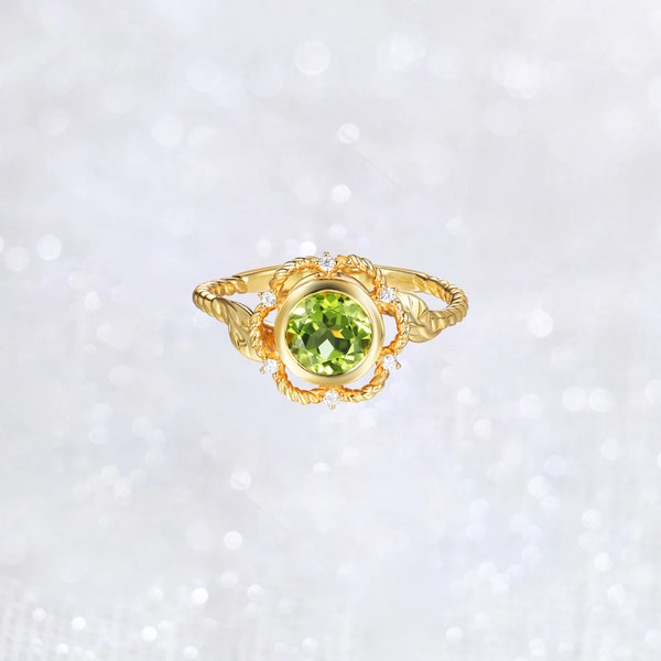 Vintage 14K Gold Green Peridot Ring, August Birthstone Ladies Ring, Nature Inspired Peridot Engagement Ring, Vintage Floral Twist Ring