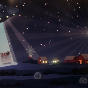 May include: A whimsical illustration depicts a nighttime farm scene with a UFO beaming up a cow. The artwork features a full moon, stars, a windmill, and several red barns with lit windows, creating a rural, otherworldly atmosphere.