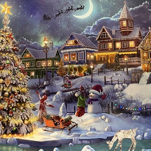 May include: A festive Christmas scene with a decorated tree, snow-covered houses, and a snowman. Santa Claus flies across the night sky above a crescent moon. Children play in the snow, and a reindeer stands near the water.