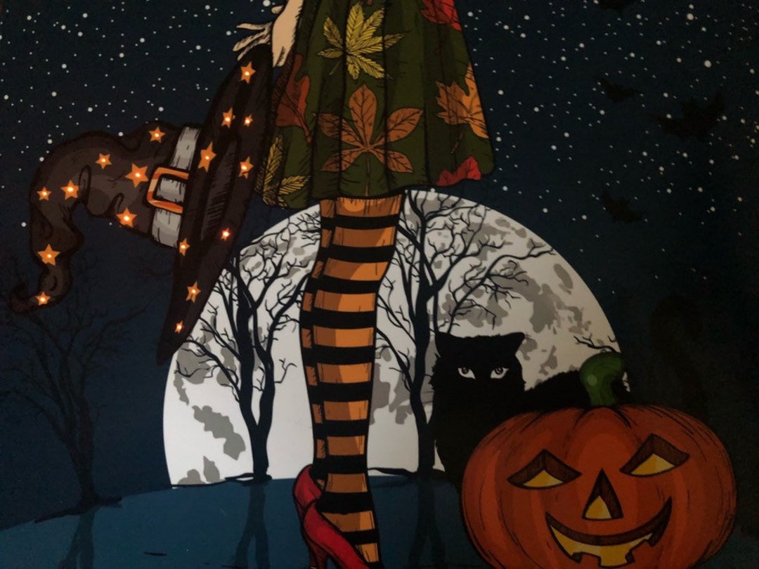 Halloween Witch Artwork With LED String Lights Etsy