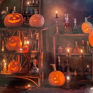 May include: A Halloween-themed display featuring carved pumpkins with lit faces, arranged on wooden shelves alongside glass bottles and candle holders. The scene is dimly lit, creating a spooky atmosphere.