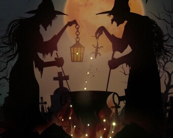 Witches Brewing in the dead of night with LED string lights