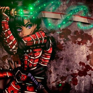 May include: Digital art of a figure in red and white armor, holding a katana with a glowing green energy effect. The figure has purple eyes and dark hair. The background is a textured, dark wall with red splatters.