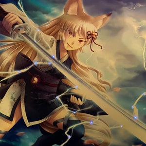 May include: Digital illustration of a kitsune character in a kimono, holding a katana. The character has fox ears and long blonde hair. The background features lightning and a cloudy sky. The kimono is dark blue with white floral patterns.