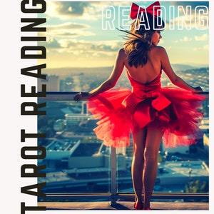 May include: A woman in a red dress and red shoes stands on a rooftop overlooking a city. The text "LOVE READING" is written in white letters on a black background above her head. The text "TAROT READING" is written in black letters on a white background to the left of her.