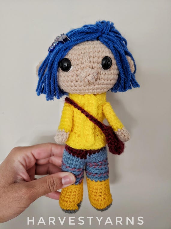Crochet Doll, Coraline doll, Coraline yellow raincoat, rainy days, crochet  amigurumi girl doll, blue hair, dragonfly, gifts for friends
