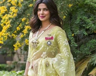 Actress Priyanka Chopra on Bengal Jaal Muslin jamdani saree;DHL shipping services