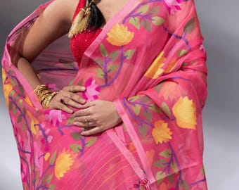 Traditional Bengal jamdani Saree/Tantuj Muslin/Reshom Jamdani With Blouse Piece; DHL Shipping Service