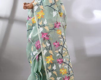 Traditional Silk Muslin jamdani Saree/Muslin Tantuj/Reshom Jamdani With Blouse Piece; DHL Shipping Service