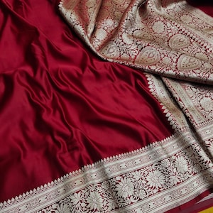 Banarasi saree Mashru katan khaddi handwoven silk saree, with Gold zari Designed border and Rich pallu woven; DHL shipping service