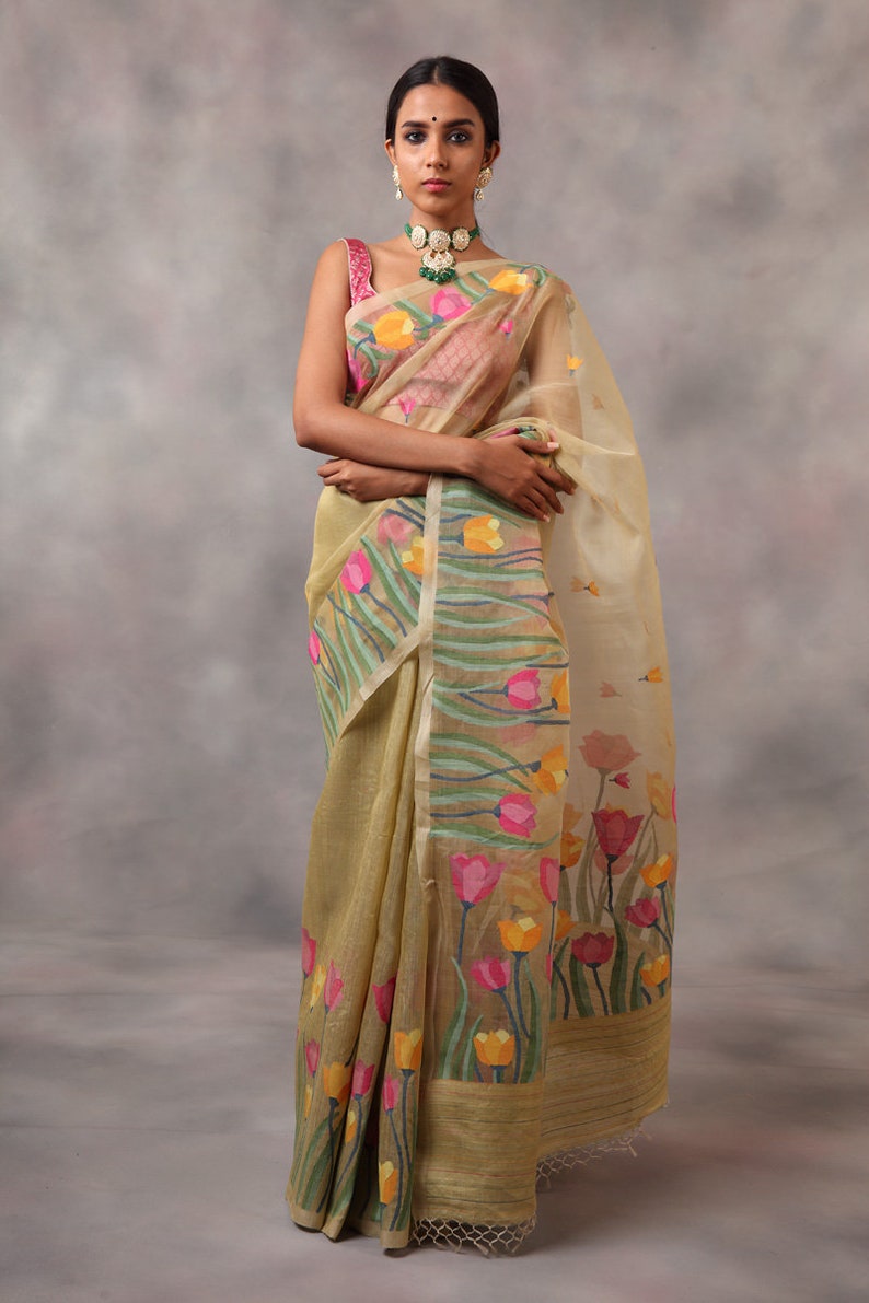 Traditional Silk Muslin jamdani Saree/Muslin Tantuj/Reshom Jamdani With Blouse Piece DHL Shipping Service image 1