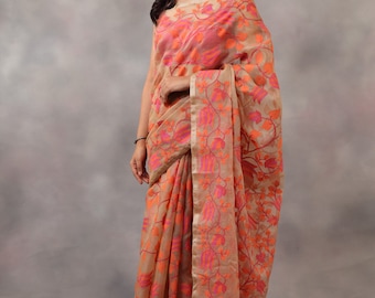 Traditional Bengal jamdani Saree/Tantuj Muslin/Reshom Jamdani With Blouse Piece; DHL Shipping Service