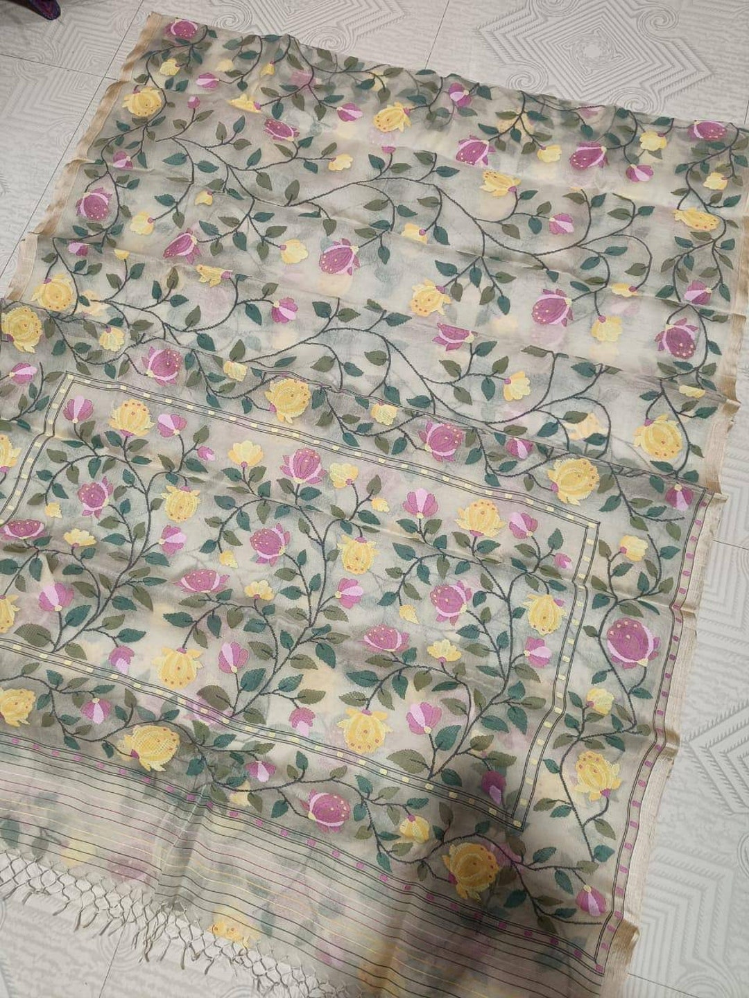 Blue - Rangoli Bengal Jamdani Buti Blouse Piece with Ikat Border