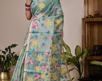 Traditional Bengal Jamdani/Reshom Jamdani/Tantuj Muslin Jamdani/Indian Muslin saree With Blouse Piece; DHL Shipping in 4 to 5 days