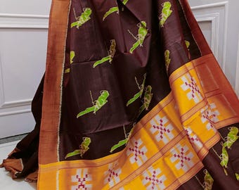 Parrot design Khandua Saree, 4 ply Silk saree with blouse piece;Free Falls and Pikko;DHL Shipping service