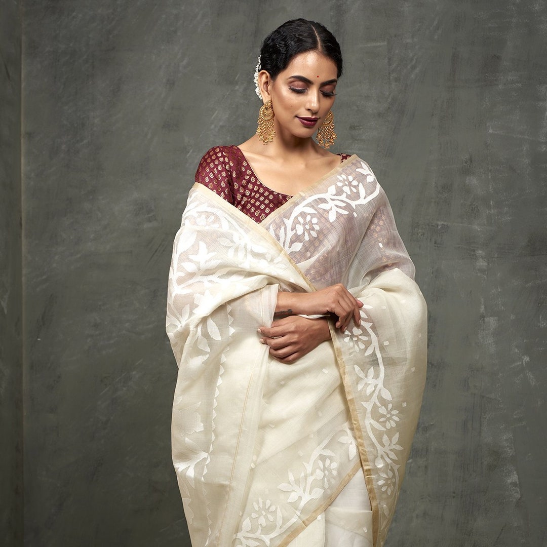 Maroon - Rangoli Bengal Jamdani Buti Blouse Piece with Ikat Border
