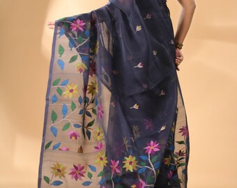 Traditional Silk Muslin jamdani Saree/Muslin Tantuj/Reshom Jamdani With Blouse Piece; DHL Shipping Service