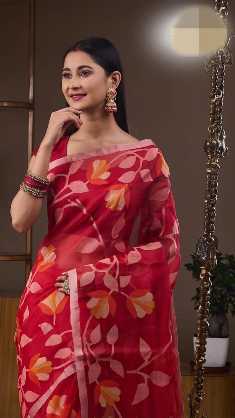 Red Muslin Jamdani Saree with Buttis