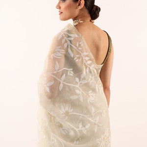 Orange - Rangoli Bengal Jamdani Buti Blouse Piece with Ikat Border