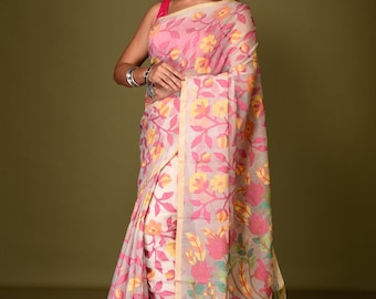 Traditional Silk Muslin jamdani Saree/Muslin Tantuj/Reshom Jamdani With Blouse Piece; DHL Shipping Service